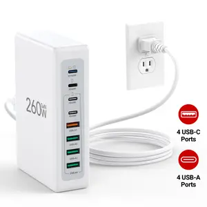 8-in-1 260W GaN Desktop Charging Station, 8-Port USB C& USB A, 100W USB-C Laptop Fast Charge, Multi-Protection Safety, 5ft Detachable Cable for MacBook Dell XPS Steam Deck iPhone Galaxy S25