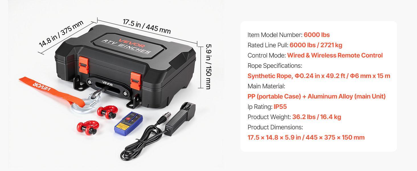 【Summerfinds】VEVOR Portable Winch, 6000 lbs/4500lbs/3500lbs  12V DC Electric Winch with Synthetic Rope, Wireless & Wired Remotes, Box-Style Recovery Kit with Fairlead, Clevis Hook, Strap for ATV UTV Off-Road Outdoor Pulling Tasks