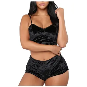 Women's Velvet 2 Piece Outfit Spaghetti Strap Sleeveless Crop Top Camisole and Shorts Pajamas Set Sleepwear Nightwear
