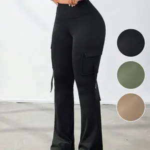 Y2K Women's Gym Leggings | High-Waisted, High-Stretch with Pockets + Tape Detail | Butt-Lifting Flare Style - Versatile for Workouts