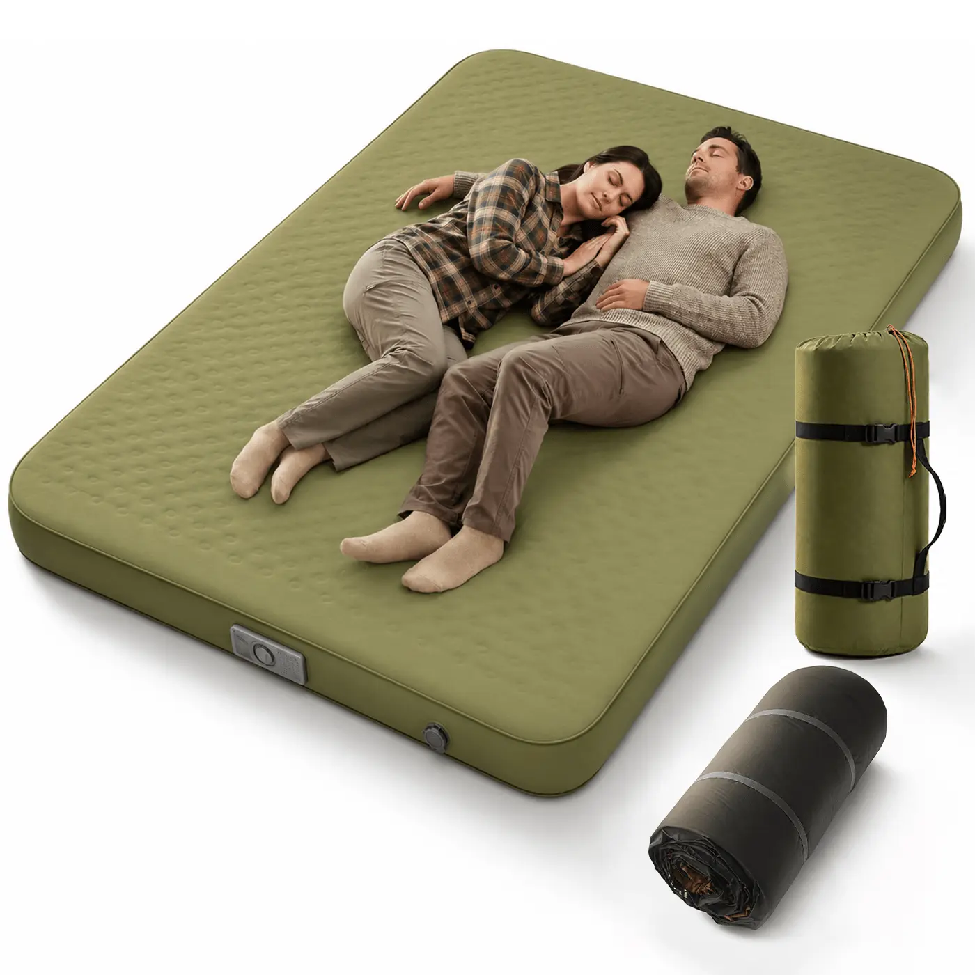 WKEFF   Double inflatable mattress with built-in air pump, portable camping and travel outdoor inflatable bed, indoor leak-proof foldable air mat, indoor leak-resistant collapsible air pad, heavy-duty anti-slip guest inflatable bed, easy to store.