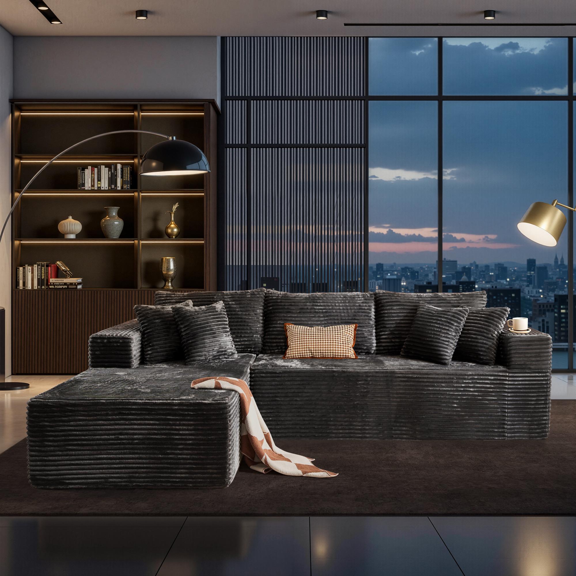 【Black Friday & Cyber Monday Deal】2 Packages Shipping OOSWIFT 108“ inches Plush Modern L-Shaped Cloud Sectional Sofa Corduroy Cloud Velvet Modular Couch with Chaise, No Assembly Required Sectional Sofa living room furniture