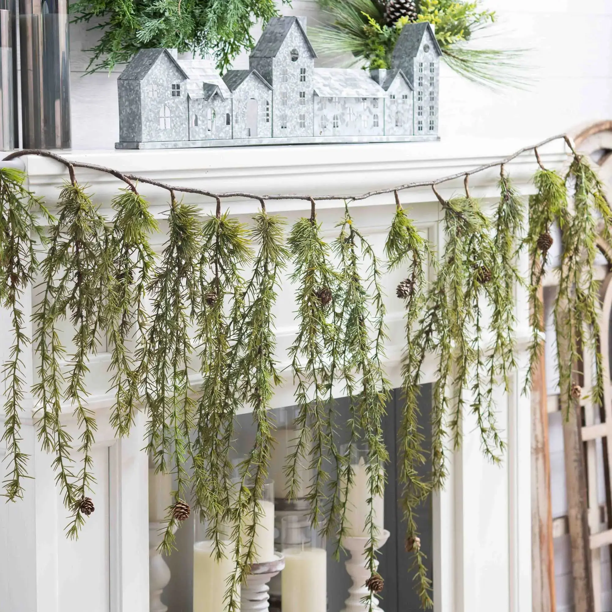 5 ft Imported Rustic Mountain Pine Cone, Winter Greenery, Icicle Christmas Garland - Festive Decorations for Fireplace Mantle, Dinner Table