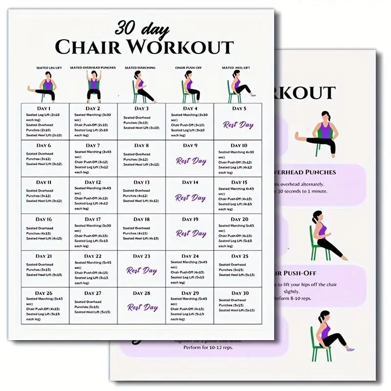 30-Day Chair Workout Set Poster, 2 Counts/set Chair Yoga Guide, Full Body Workout Guide, Chair Exercise Challenge, Summer Body Workup, Chair Stretching, Learning Tool, Learning Materials