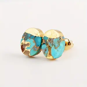 A Pair of Gold Plated Oval Gold Plated Line Turquoise Earrings