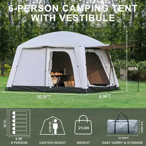M04 4-6 Person Large Family Camping Tent w/Porch & Rainfly, Double Layer Waterproof Glamping Tent w/2 Rooms 2 Doors, Portable Big Tents for Outdoor Camping Hiking Party