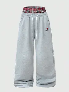 1 Men's Light Grey Oversized Soft Comfy Sweatpants, Plaid Double Waistband & "Los Angeles" Heart Print, Side Striped Streetwear Style, Ideal for Casual Urban Outfits, Athleisure Style