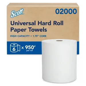 Scott Professional Essential Universal High-Capacity Hard Roll Paper Towels, Bulk (02000), Hardwound 1.75" Core, White, Compact Case (6 Rolls at 950' Each, 5,700'/Case)