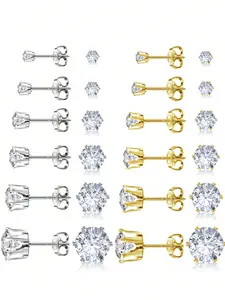 6 Pairs Surgical Steel Stud Earrings Set, Plated Hypoallergenic Earring Studs for Women, Stainless Steel Cubic Zirconia, Waterproof & Tarnish-Resistant
