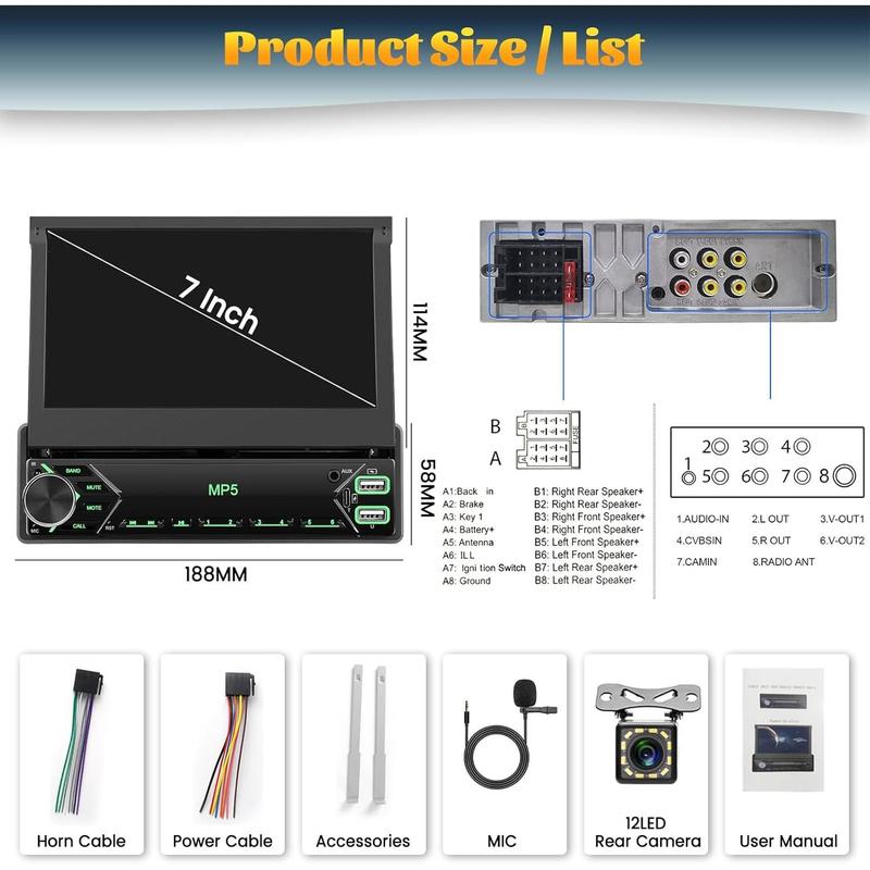 Car Radio 1Din with Retractable Screen,7inch Manual Retractable Display 1 Din Radio with Bluetooth Handsfree FM Type-C 2USB AUX Mirror Link SWC Rear View Camera、No carplay and no android auto、automotive