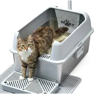 Stainless Steel Litter Box, XL High Sided Litter Box with Handles for Big Cats, Anti- Leakage Metal  Litterbox, Easy-Clean Arenero para Gatos, Non-Stick, Includes Scoop and Mat.