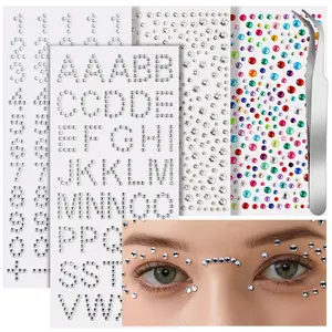 Face Gems, 4 Sheets Self Adhesive Rhinstone Stickers, Makeup Face Rhinestones Kit, Stick On Gems for Face, Body, Hair
