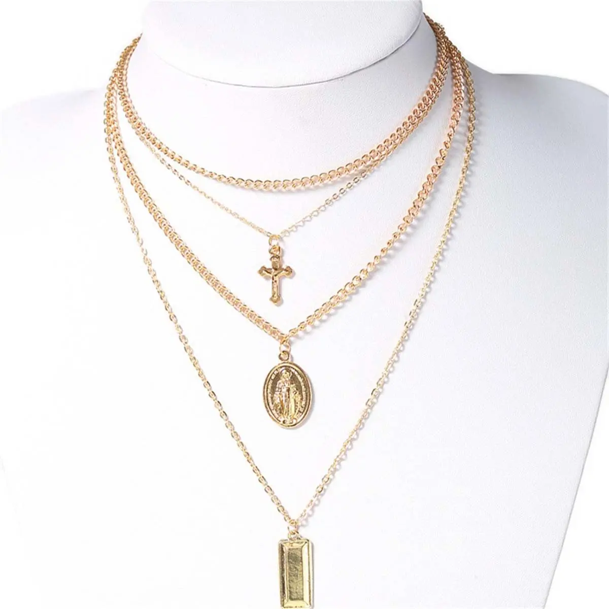 Multi-Layer Artificial Gemstone Pendant Necklace, Creative Personality Cross & Square Design, Necklaces for Women, Cross Necklaces, Trendy Jewelry