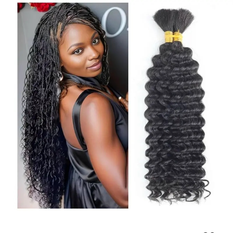 Deep Wave Bulk Human Braiding Hair For Boho Braids Knotless Micro Curly Wet And Wavy Bundles No Weft 12A Brazilian Remy Human Hair Extensions For Black Women Deep Bulk #1B 20 Inch 100G