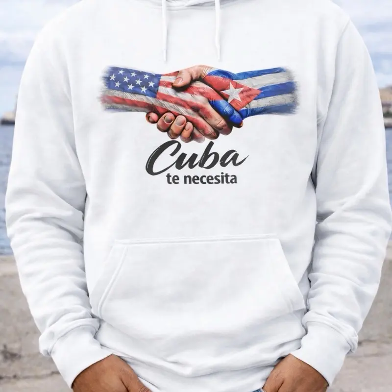 Cuba Te Necesita Hoodie - White Hooded Sweatshirt with USA & Cuban Flag Design for Men Women