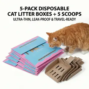 DAMAII Travel Foldable Disposable Cat Litter Box 5pcs Set with 5 Scoops Portable Space-Saving 20lbs Capacity Ultra-Thin Leak-Proof for Road Trips and Hotels