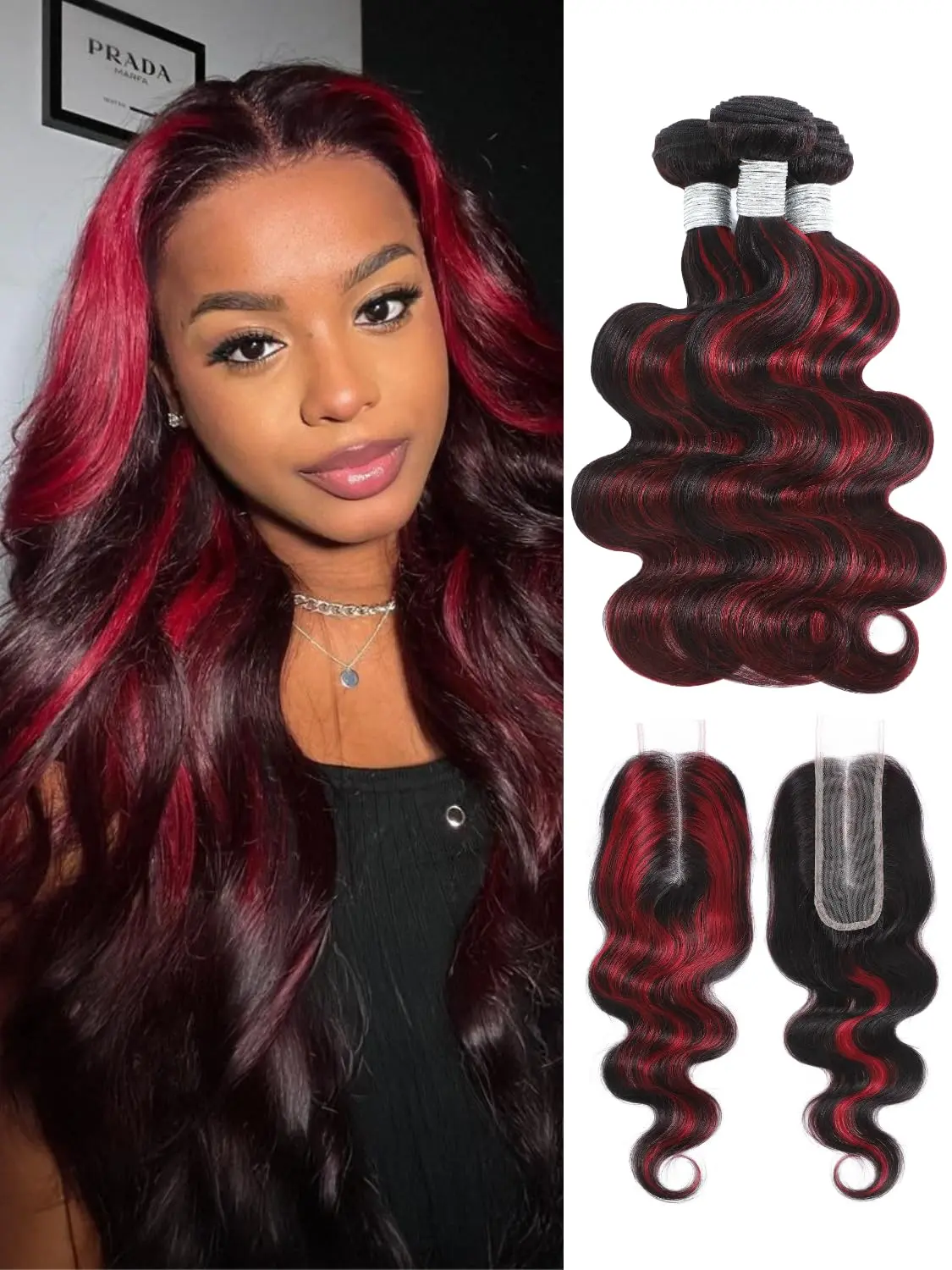Hair Bundles with Closure, F1B/99J Burgundy Highlight Body Wave Weave, 12A 100% Unprocessed Human Hair with 4x4 HD Transparent Deep Part Lace, Wigs Human Hair, Ombre Highlights