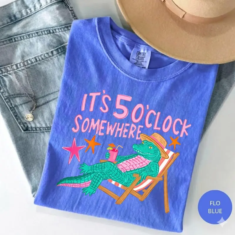 Comfort ColorsIt’s 5 O’Clock Somewhere Alligator Shirt, Funny Beach Vacation Tee, Preppy Summer Graphic T-Shirt, Coastal Cowgirl Comfort Colors Style Top Gift for Her, Cotton Fabric