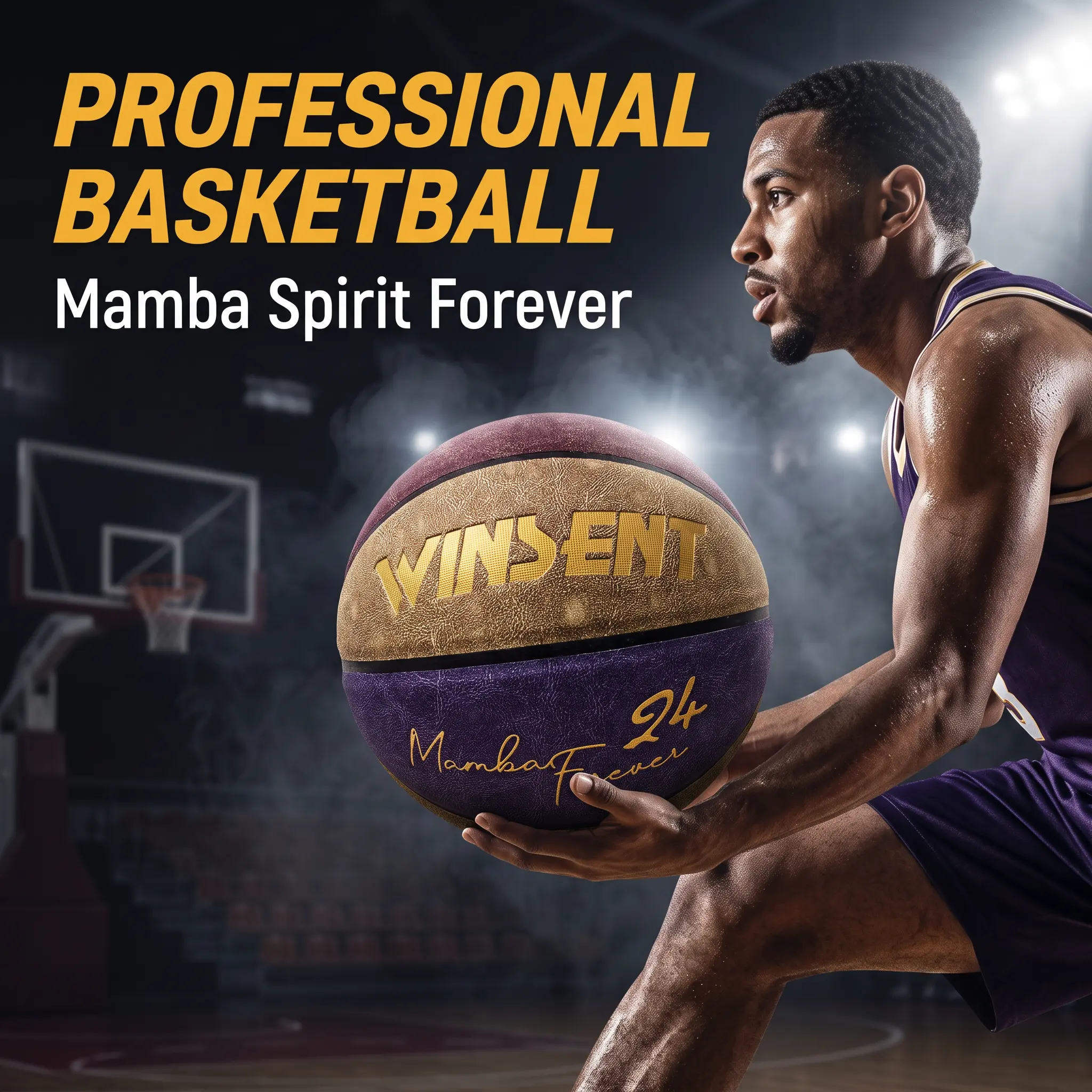 Official Size 7 Mamba Spirit Basketball, Retro Purple Gold Suede Leather Basketball, Anti-Slip Wear Resistant Street Basketball, Long Air Retention Butyl Bladder for Training Competition Collection Gift