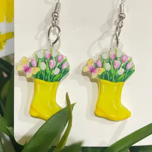 Spring Rain Boot Flower Earrings  Colorful Acrylic Dangle Earrings for Garden Lovers, Floral Statement Jewelry, Cute Springtime Accessories