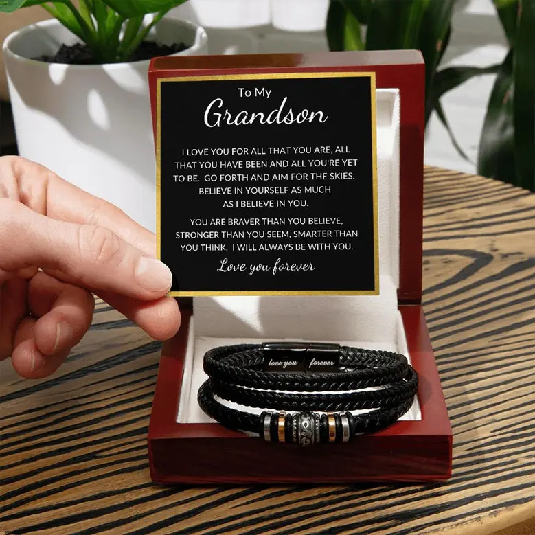 Braided Vegan Leather Bracelet for Grandson with Stainless Steel Beads and Engraved Sentiment - Magnetic Clasp Jewelry, Christmas Gift, Adjustable Bracelet, Cuban Link Bracelet