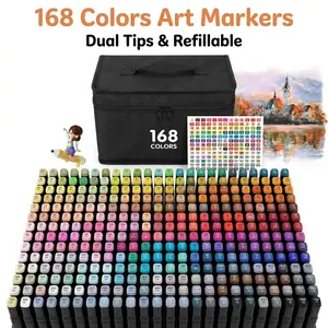KIDGENIUS 120/168 Alcohol Markers Starter Kit Dual Tip Easy Blend Art Markers with Carrying Pouch & Color Chart 168 Vibrant Colors for Drawing Painting Ideal for New Art Creators Early Learning