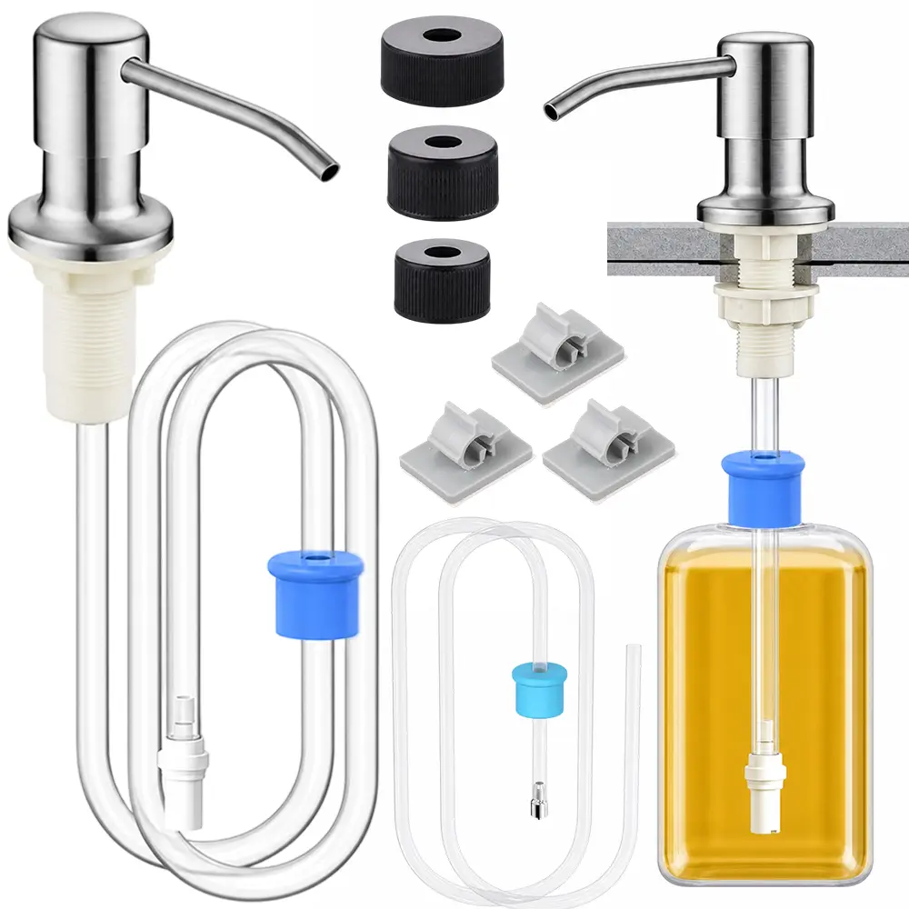 Kitchen Sink Soap Dispenser Pump Set (1 Set) - Steel & Plastic Components Including Stainless Steel Pump Head, Conduit, Bottle Cap, Fixed Pipe Clamp for Home Kitchen Use