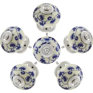 6PCS Vintage Ceramic Cabinet Knobs ,Floral Hand Painted Ceramic Pumpkin Cupboard Pulls Knob Wardrobe Cabinet Drawer Door Handles, Blue and White Flower