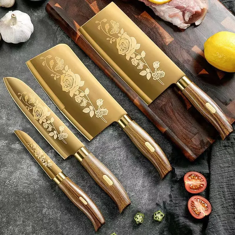 1/4 set of stainless steel titanium-plated kitchen knives - a kitchen knife set, including a meat cutter, slicing knife, multi-purpose knife, fruit knife, and bone-cutting knife. Suitable for Home kitchen cooking tool accessories, Kitchenware