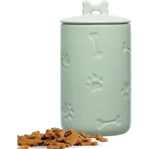 Dog Treat Container Airtight - 9"x5" Green Large Ceramic Dog Treat Jar for Kitchen Counter, Dog Cookie Jar with Lid - Farmhouse Style Dog Food Storage Container for Dogs, Cats, Pets