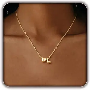 Initial Necklaces for Women, 14k Gold Plated Bubble Letter Necklace A-Z Letter Heart Pendant Non Tarnish Dainty Gold Necklace Personalized Chain Jewelry for Her