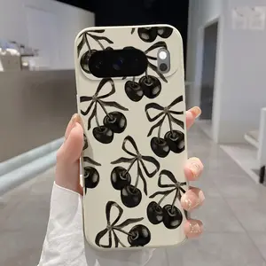 Rounded Edge TPU Phone Case for Google Pixel 10 9 8 7 Pro A XL Black Cherry Pattern Drop Protection Shockproof Soft Liquid Silicone Smartphone Cover
