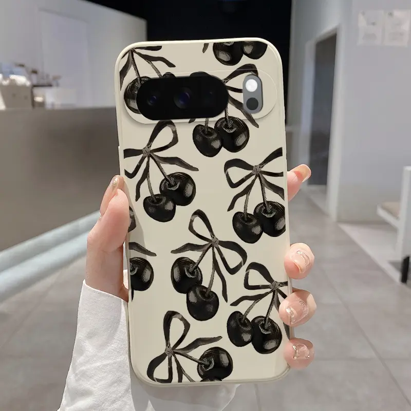 Rounded Edge TPU Phone Case for Google Pixel 10 9 8 7 Pro A XL Black Cherry Pattern Drop Protection Shockproof Soft Liquid Silicone Smartphone Cover