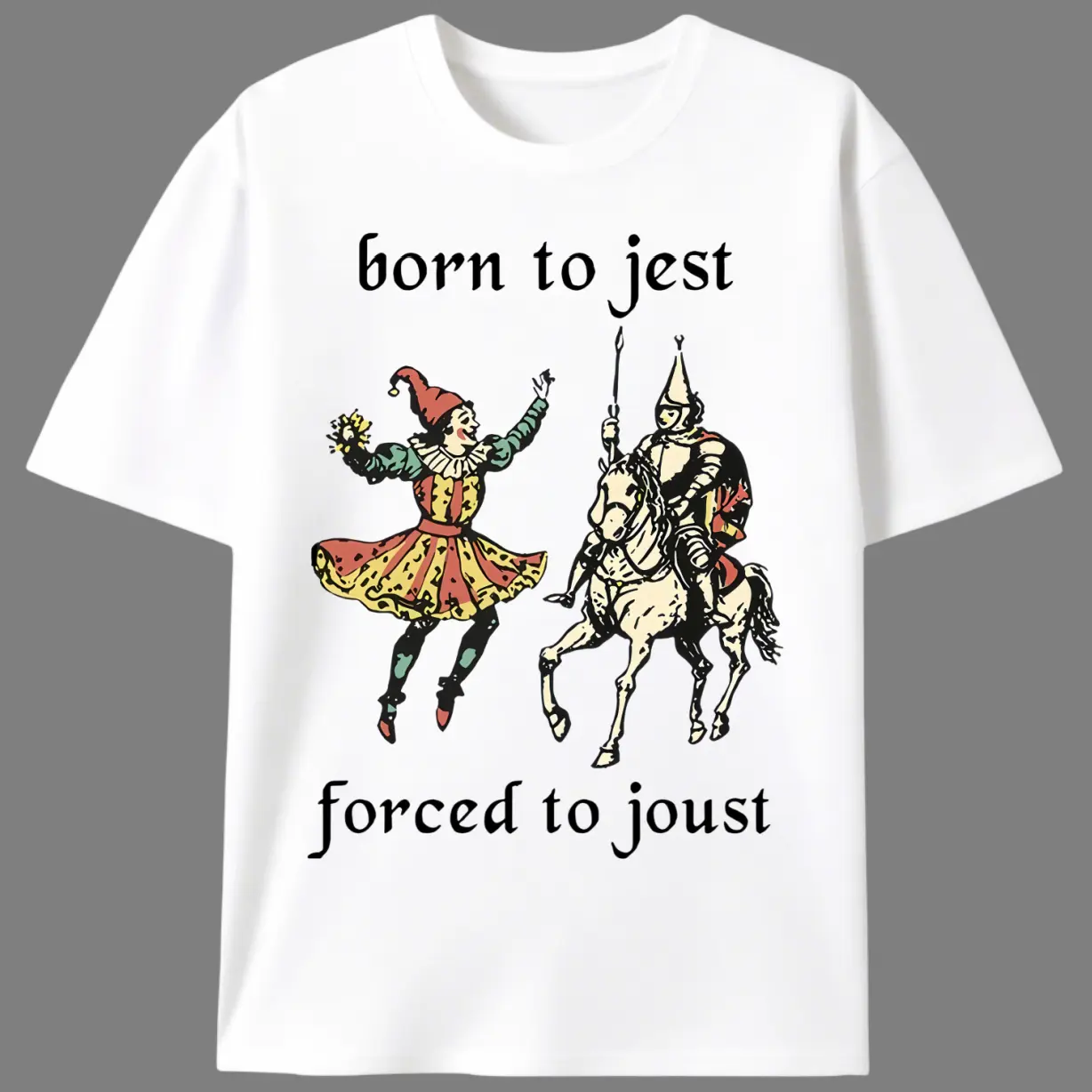 Men's Funny Gamer T-Shirt in Stretch Cotton Knit, "Born to Jest" Medieval Fantasy Graphic, Short-Sleeve Round Neck Streetwear Top, Tops, Shortsleeve, Menswear, Casual