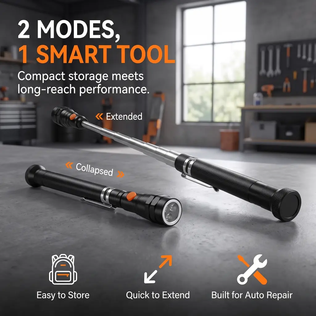 4-in-1 Telescoping Magnetic Pickup Tool, 22-in Extendable Neck, LED Illumination, Magnetic Base, Flexible Long Reach Grabber for Small Parts Retrieval, Unique Gift for Men (Fathers Day Christmas Stocking Stuffers)