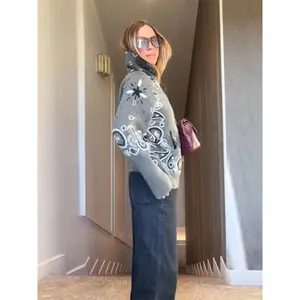 Fashion Printed Knitted High Neck Cardigan Women Solid Full Sleeve Zipper Loose Sweater Female Autumn Chic Casual Knitwear