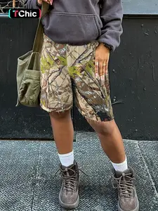 Women's High Waisted Tree Camo Print Camouflage Denim Cargo Jorts, Oversized Baggy Frayed-Hem Knee-Length Shorts, Trendy Streetwear for Hiking, Camping, Skate Parks