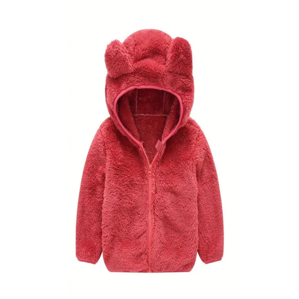 Toddler Fleece Hooded Coat with Cute Animal Ears - Polyester, Long-Sleeve, Plain, Regular-Fit Fall Winter Fashion Apparel for Boys & Girls, 1-2Y Kids' Outerwear