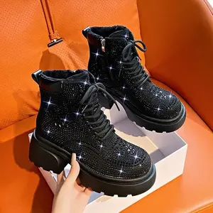 Sequin Diamond Short Boots Women  Autumn Winter Luxury Fashion High Top Thick Heel Lace Up Boots Outdoor Party Casual Shoes Black