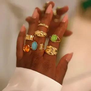 7 pcs Elegant Gold Tone Rings with Multicolor Stones for Women's Fashion Accessory