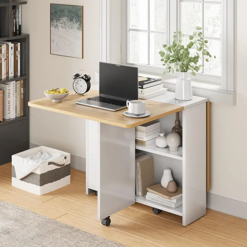 Pear Wood & White Indoor Wood Dinner Table - Foldable Drop Leaf, Wheeled Base, 47.2" Dia x 23.6" W x 29.5" H, Solid for Dining Use, Entryway Dining Tables