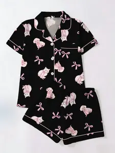 Bow Cat Dog Animal Print Cute Pajamas Set, Short Sleeve T-Shirt Shorts Cardigan Two-Piece, Casual Fitted Home Wear, Loungewear, All Seasons