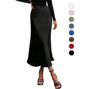 Women's Solid Color Satin Skirt, Elegant Fashion Skirt for Work Office Business, Ladies Clothes for All Seasons, Chic Bottom