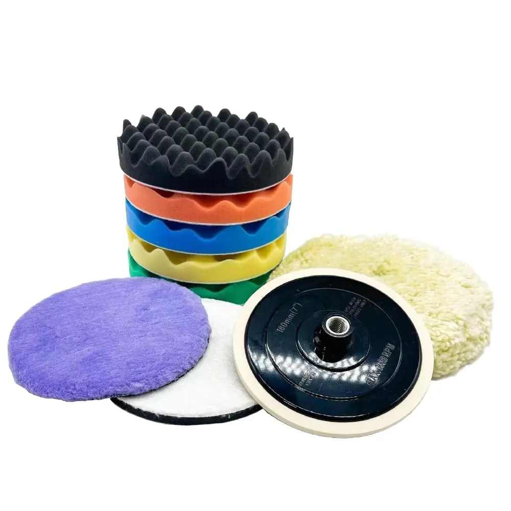 7 inch 9 pcs Polishing Pad Kit with 5 Waffle Foam, 1 100% Wool Grip Pad, 1 Lamb Wool Pad, 1 Microfiber Finishing Pad and 5/8"-11 Threaded Backing Plate for Car Sanding,Polishing, Waxing PPS1689, Polishing System, Wool Polishing Wheels