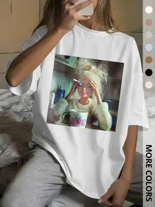 Women's Fun Barbie Print Round Neck Short Sleeve Top, Casual Style Loose-Fitting Shirt for Daily Wear at Home, 1 Piece