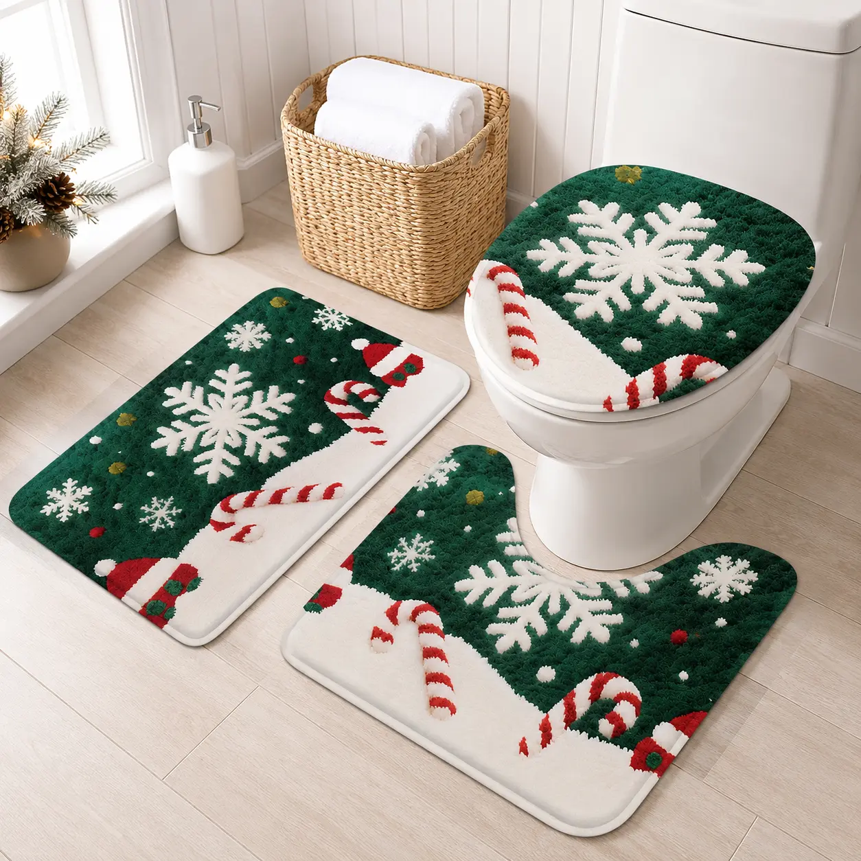 Christmas 3-Piece Bathroom Rug Set, Santa Snowman Plush Bath Mat, Non-Slip Backing, Toilet Lid Cover & U-Shaped Contour Mat, Holiday Bathroom Decor
