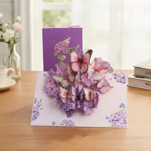 3D Floral Butterfly Card — Purple Hydrangea Pop Up Greeting Card, Paper Art Gift for Birthday & Special Occasions