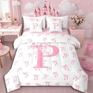 Girls Letter P Bow Bedding Set,Pink White Ribbon Princess Comforter Set,7 Piece for Kids Women Watercolor Bowknot Bed in a Bag Coquette Initial Bow Knot Quilt with Flat Fitted Sheet