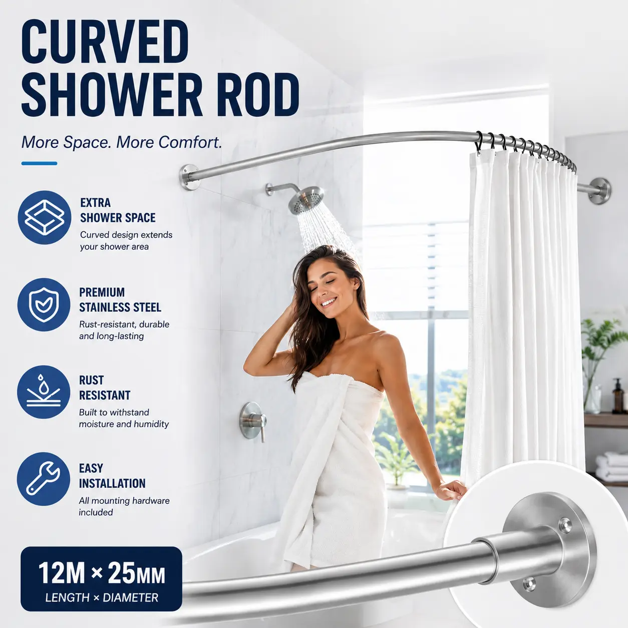 Stainless Steel Curved Shower Curtain Rod L Shaped Extendable for Bathroom Tub & Corner Silver-4340 Installation Adjustable