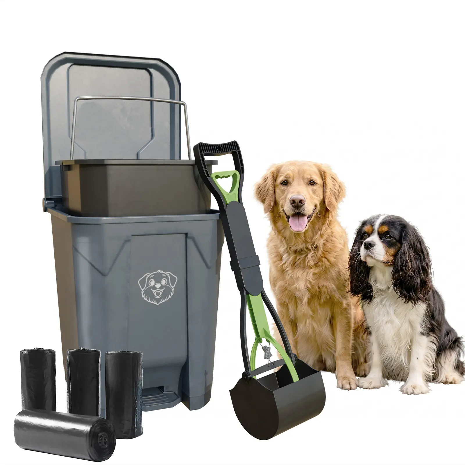 Outdoor Pet Waste Station, 20L/5gal Dog Poop Trash Can with Lid - Pedal-Operated, Removable Inner Bin, 200 Bonus Waste Bags, Long-Handle Green Pooper Scooper